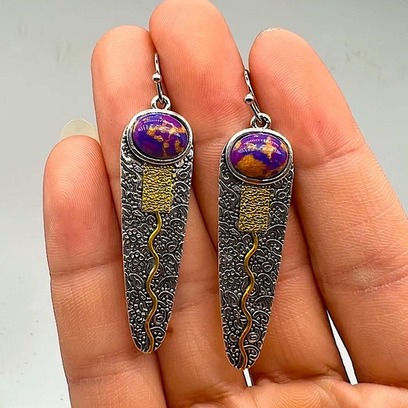 Silver Vintage Handmade Boho Purple Stone Geometric Irregular Dangle Earrings - Picture 3 of 6